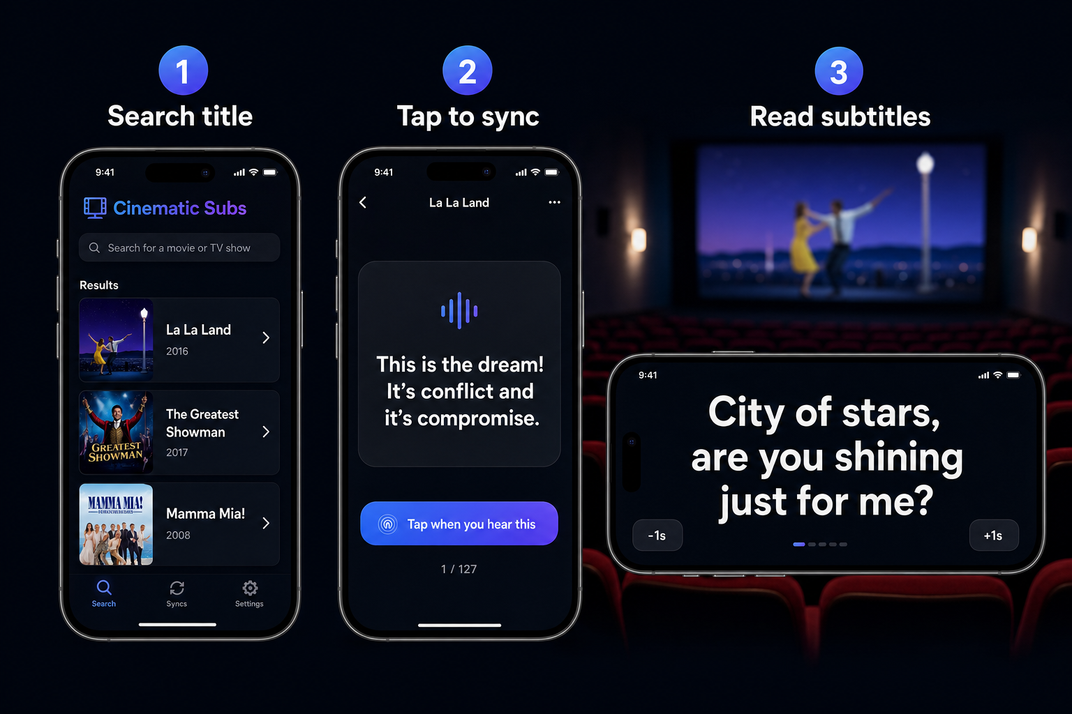 Three steps: search a movie or Netflix title, tap to sync, read subtitles on your phone