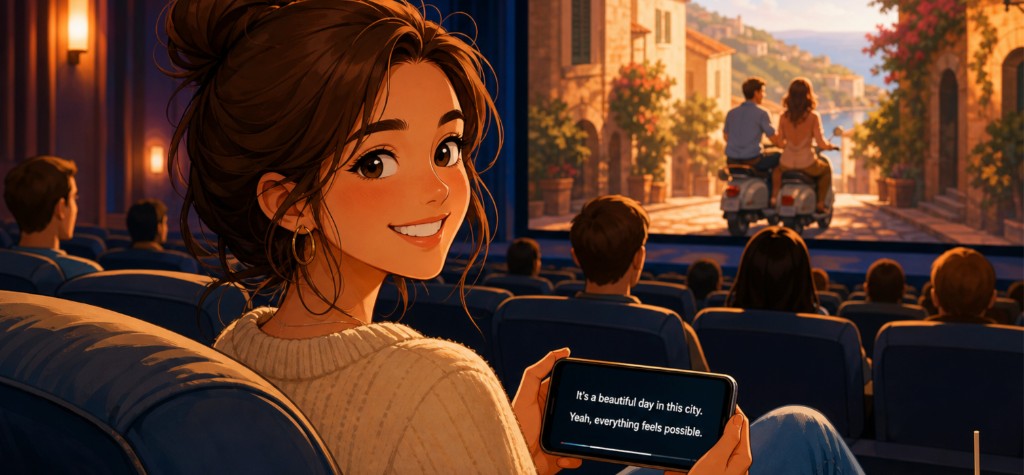 Watching a movie with synced subtitles on a phone at the cinema or at home
